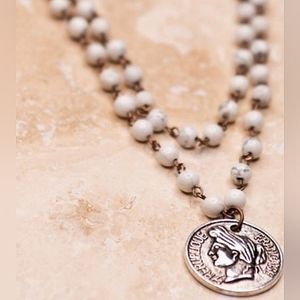 NWT Genuine Stone Double Chain COIN Necklace white silver Statement Piece